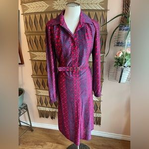 Vintage Purple & Pink All Printed Button Down Belted Midi Day Dress